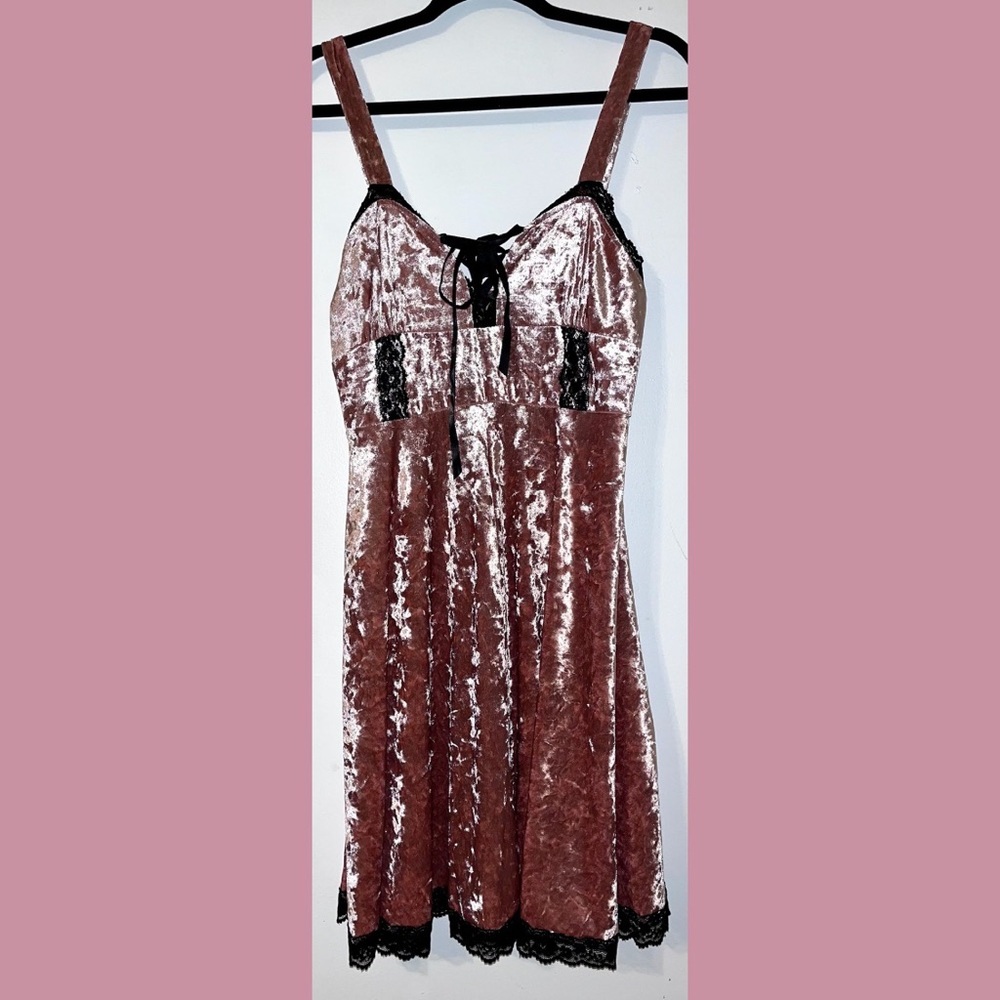 Gothic Pink Crushed Velvet Stretch Dress and Lace Trim Corset Style Front L